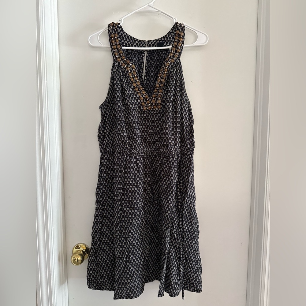 Lucky Brand Navy Blu Patterned Dress with Gold Embellished Neckline